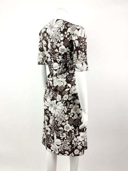 VINTAGE 60s 70s DEEP BROWN WHITE FLORAL BOTANICAL SUMMER DRESS 16 18