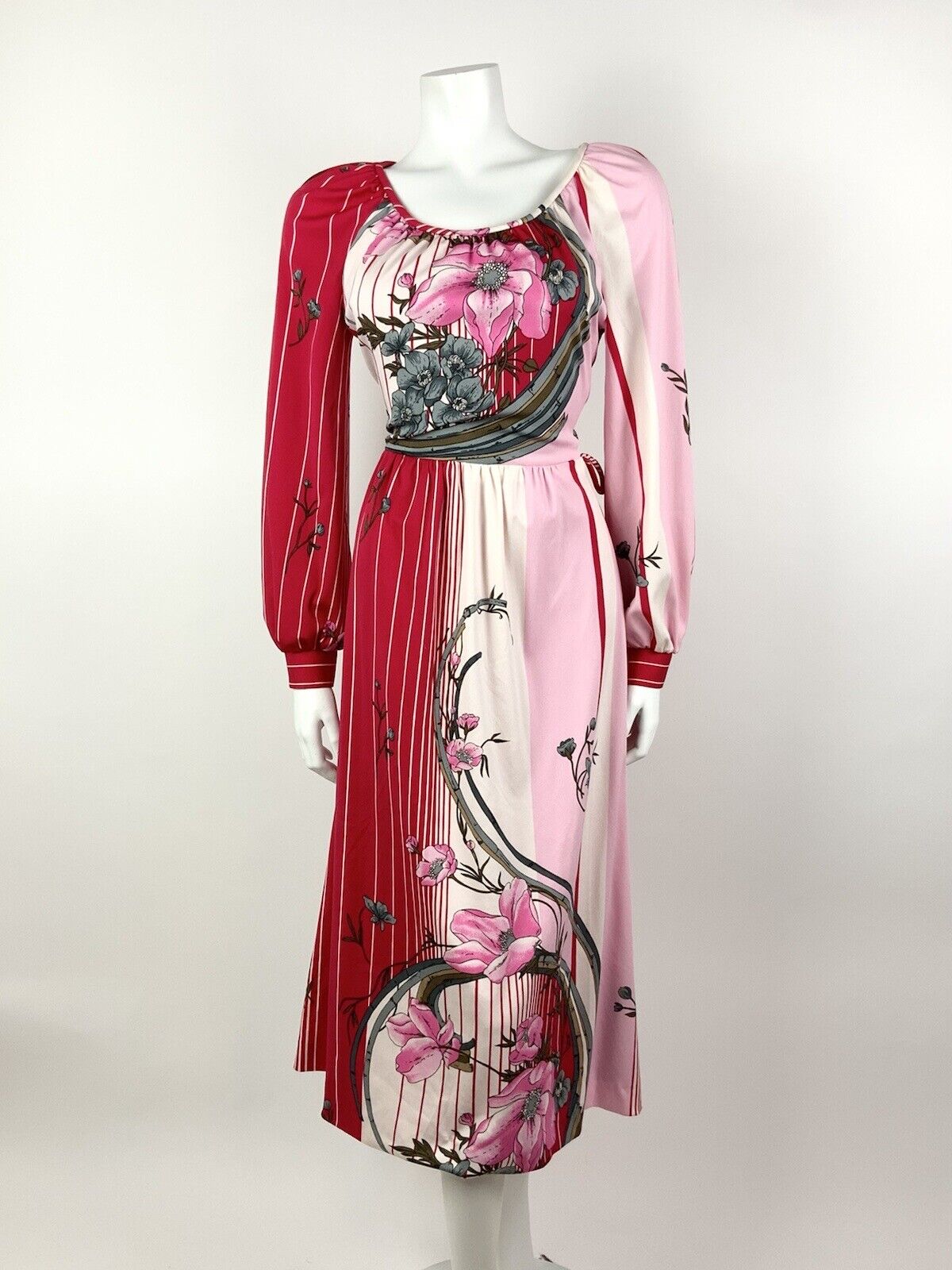 VTG 60s 70s RED PINK WHITE GREY STRIPED FLORAL BAMBOO MIDI DRESS 10