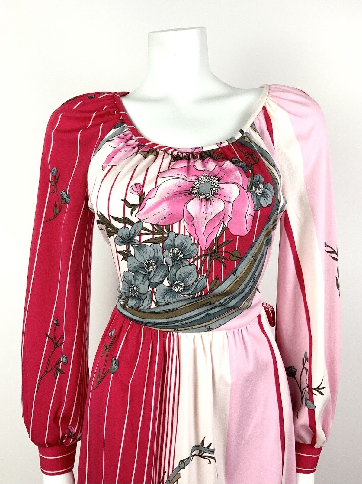 VTG 60s 70s RED PINK WHITE GREY STRIPED FLORAL BAMBOO MIDI DRESS 10