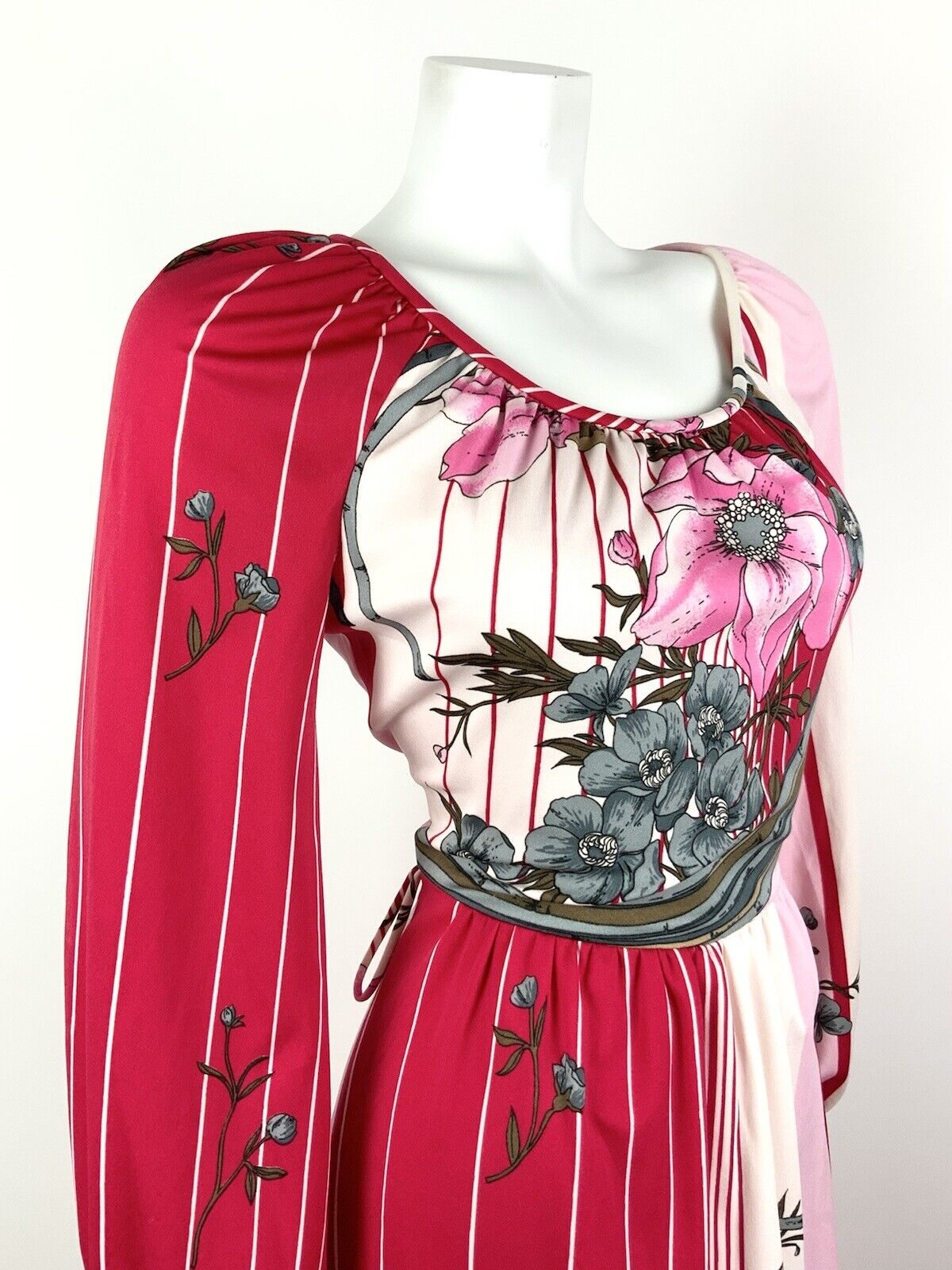 VTG 60s 70s RED PINK WHITE GREY STRIPED FLORAL BAMBOO MIDI DRESS 10