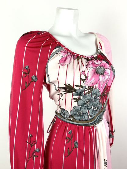 VTG 60s 70s RED PINK WHITE GREY STRIPED FLORAL BAMBOO MIDI DRESS 10