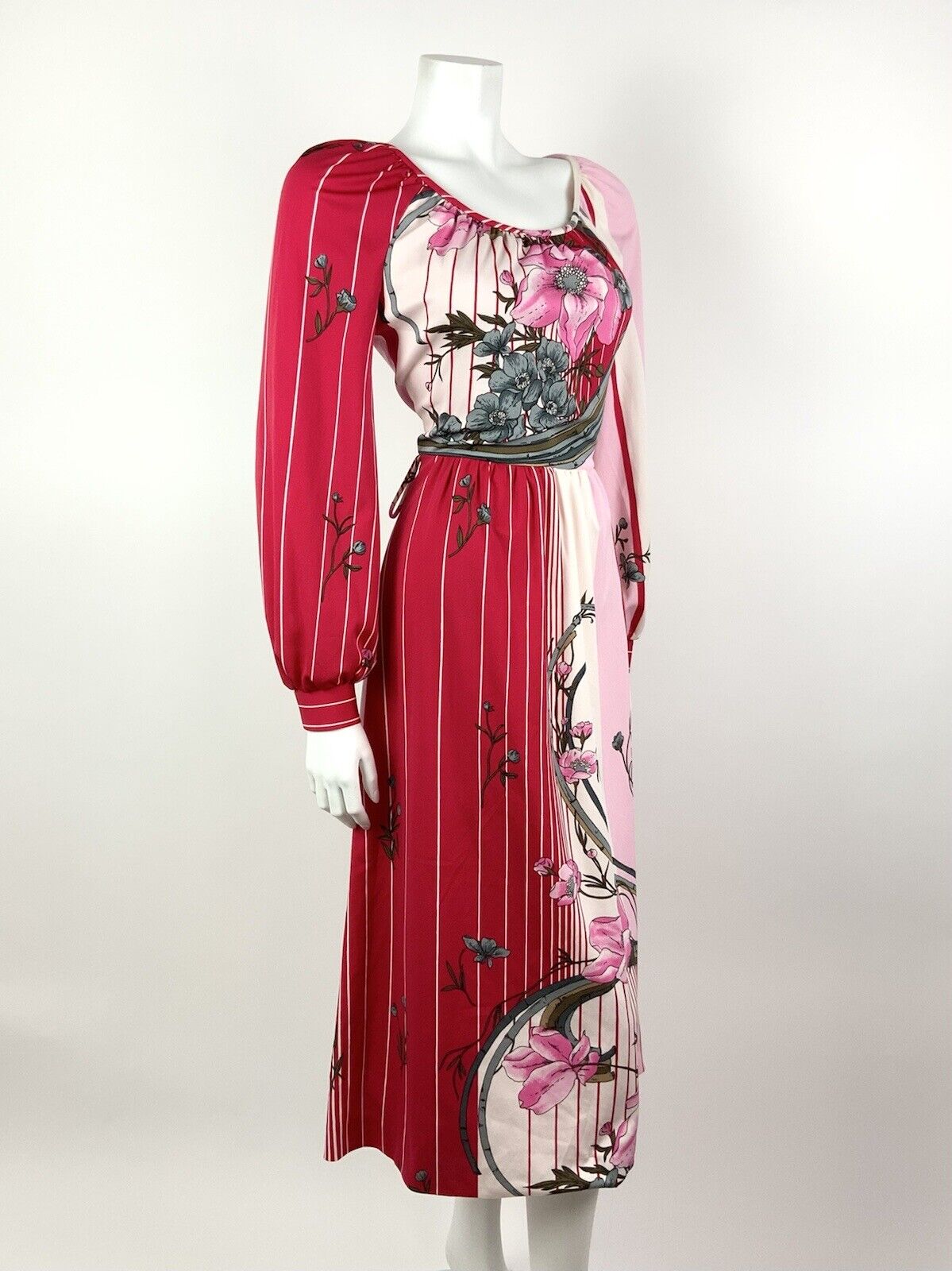 VTG 60s 70s RED PINK WHITE GREY STRIPED FLORAL BAMBOO MIDI DRESS 10