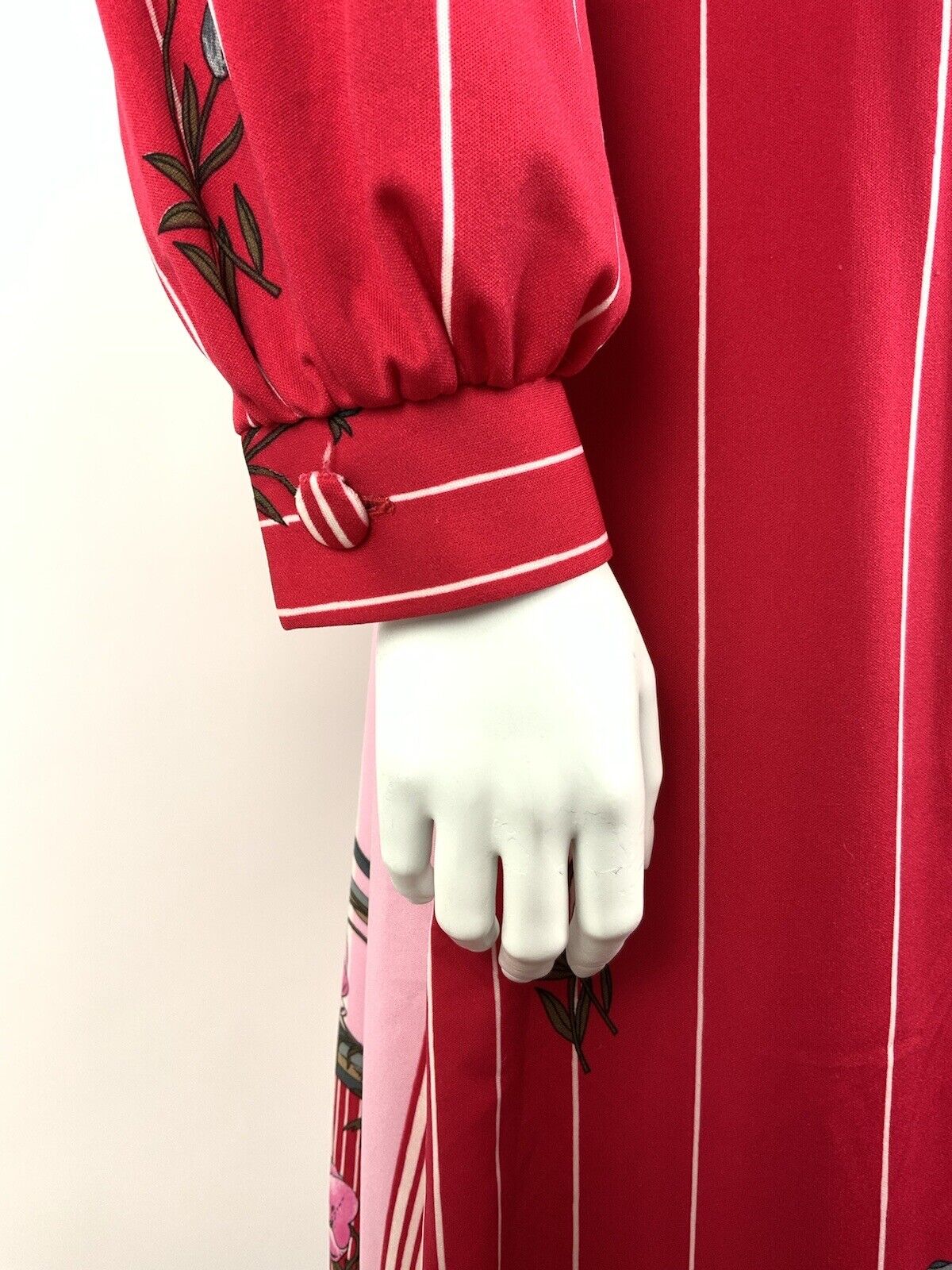 VTG 60s 70s RED PINK WHITE GREY STRIPED FLORAL BAMBOO MIDI DRESS 10