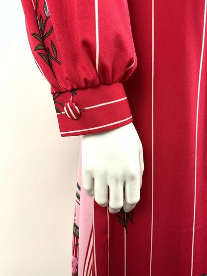 VTG 60s 70s RED PINK WHITE GREY STRIPED FLORAL BAMBOO MIDI DRESS 10