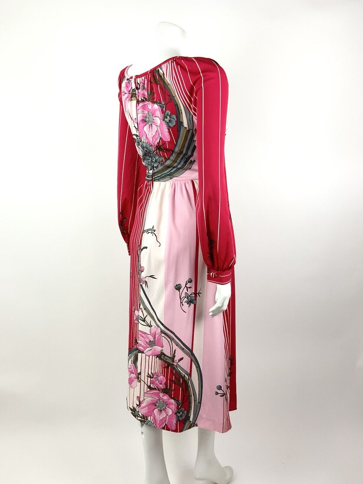 VTG 60s 70s RED PINK WHITE GREY STRIPED FLORAL BAMBOO MIDI DRESS 10
