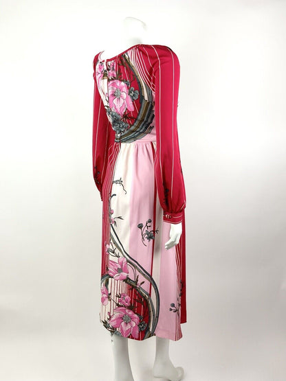 VTG 60s 70s RED PINK WHITE GREY STRIPED FLORAL BAMBOO MIDI DRESS 10