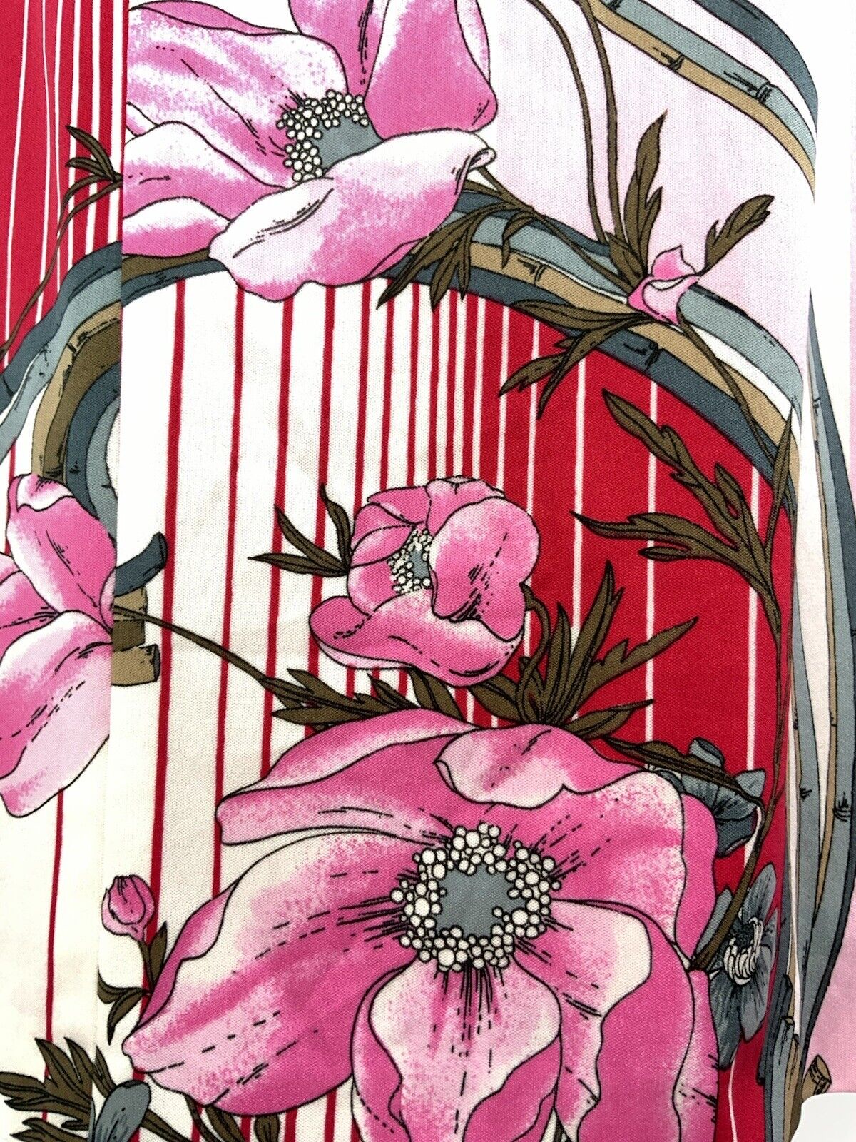 VTG 60s 70s RED PINK WHITE GREY STRIPED FLORAL BAMBOO MIDI DRESS 10