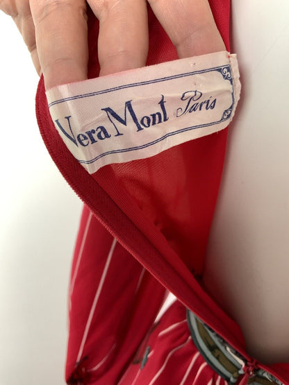 VTG 60s 70s RED PINK WHITE GREY STRIPED FLORAL BAMBOO MIDI DRESS 10