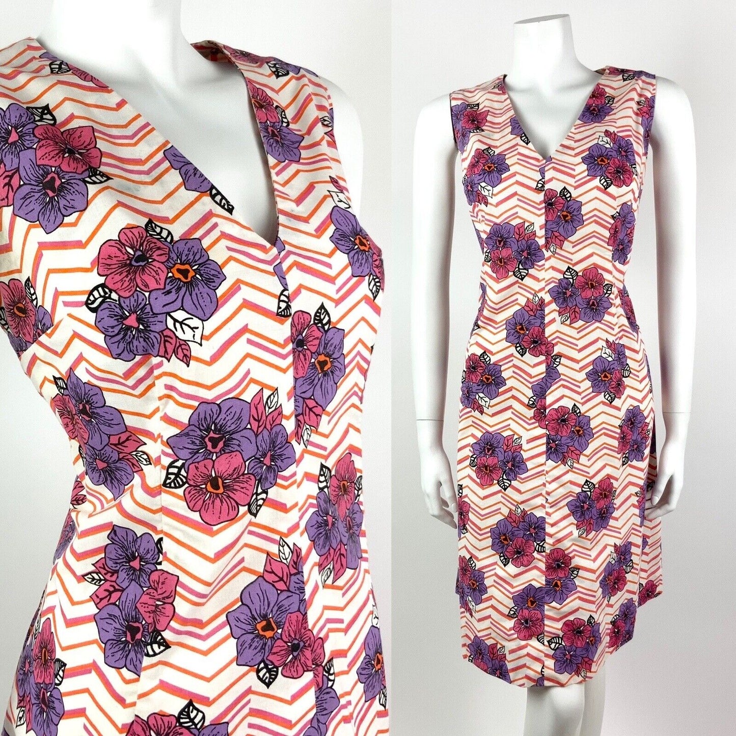 *VTG 60s 70s WHITE PINK PURPLE ORANGE CHEVRON FLORAL COTTON SUMMER DRESS 14 16