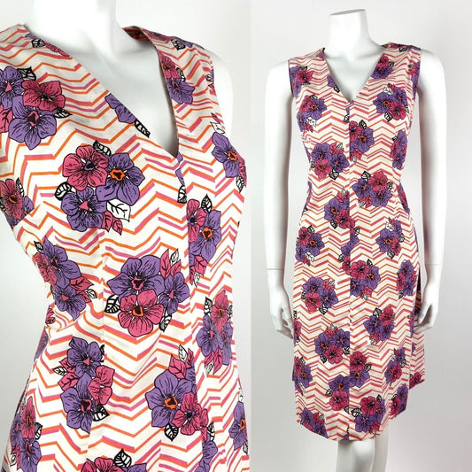 *VTG 60s 70s WHITE PINK PURPLE ORANGE CHEVRON FLORAL COTTON SUMMER DRESS 14 16