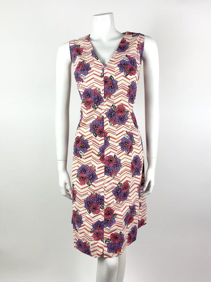 *VTG 60s 70s WHITE PINK PURPLE ORANGE CHEVRON FLORAL COTTON SUMMER DRESS 14 16