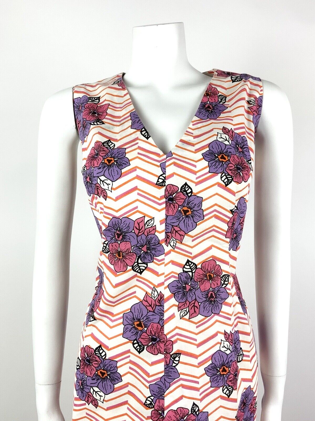 *VTG 60s 70s WHITE PINK PURPLE ORANGE CHEVRON FLORAL COTTON SUMMER DRESS 14 16