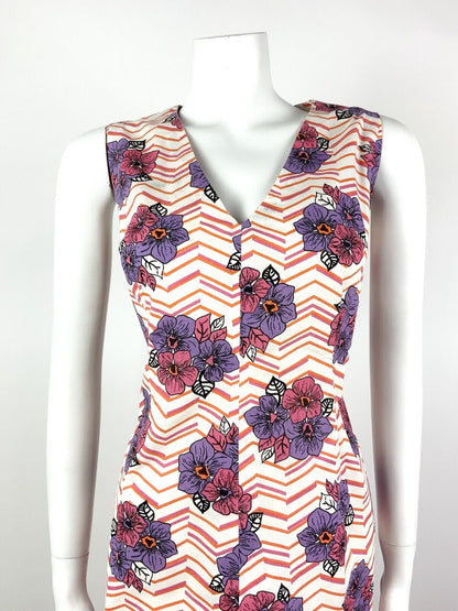*VTG 60s 70s WHITE PINK PURPLE ORANGE CHEVRON FLORAL COTTON SUMMER DRESS 14 16