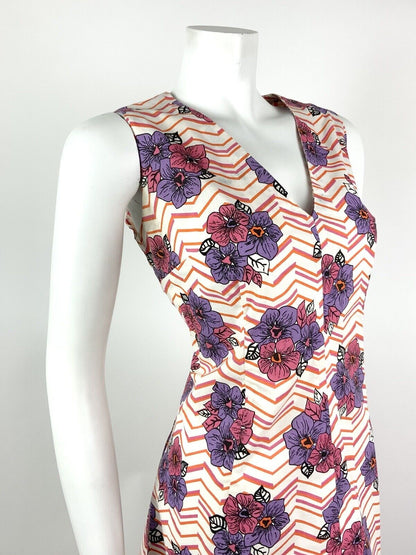 *VTG 60s 70s WHITE PINK PURPLE ORANGE CHEVRON FLORAL COTTON SUMMER DRESS 14 16