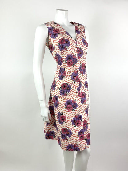 *VTG 60s 70s WHITE PINK PURPLE ORANGE CHEVRON FLORAL COTTON SUMMER DRESS 14 16