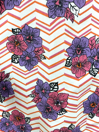 *VTG 60s 70s WHITE PINK PURPLE ORANGE CHEVRON FLORAL COTTON SUMMER DRESS 14 16