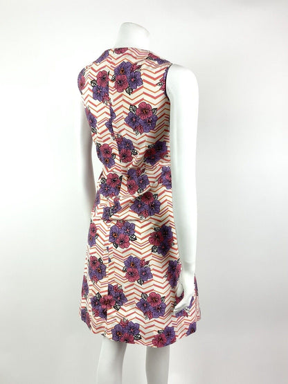 *VTG 60s 70s WHITE PINK PURPLE ORANGE CHEVRON FLORAL COTTON SUMMER DRESS 14 16