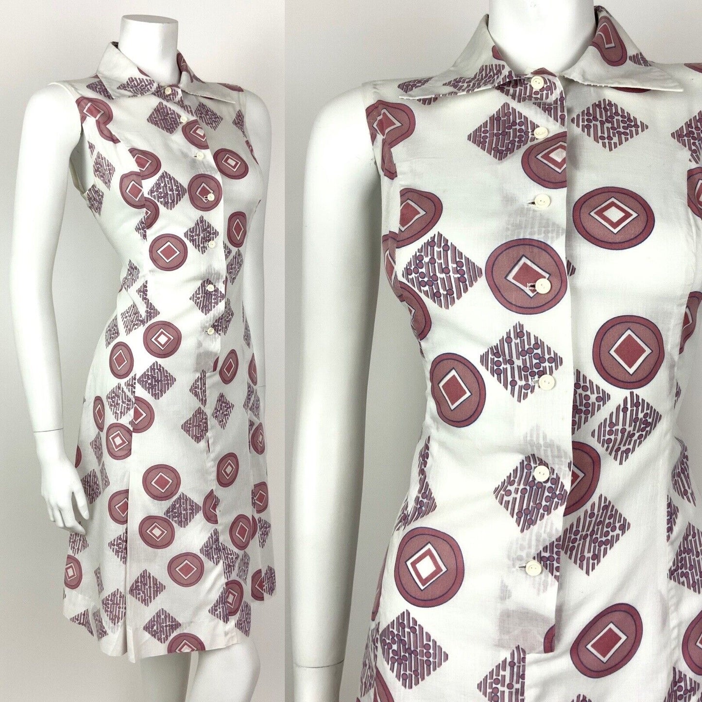 VTG 60s 70s MOD WHITE BROWN RED BLUE GEOMETRIC DAGGER SHIRT SUMMER DRESS 12 14