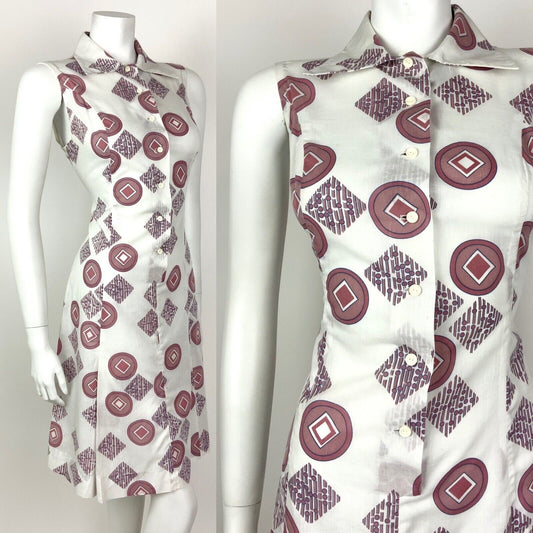 VTG 60s 70s MOD WHITE BROWN RED BLUE GEOMETRIC DAGGER SHIRT SUMMER DRESS 12 14