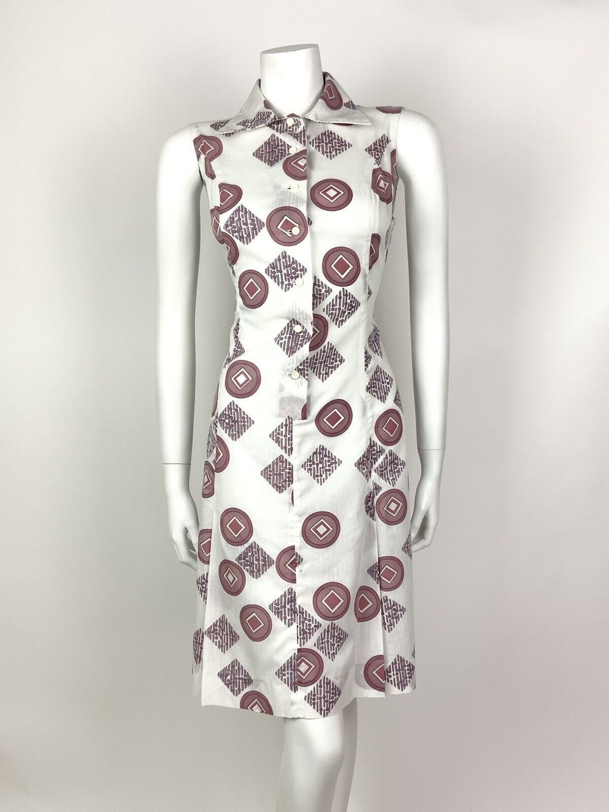 VTG 60s 70s MOD WHITE BROWN RED BLUE GEOMETRIC DAGGER SHIRT SUMMER DRESS 12 14