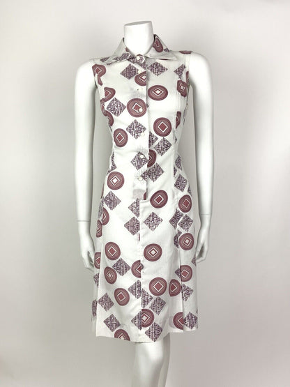 VTG 60s 70s MOD WHITE BROWN RED BLUE GEOMETRIC DAGGER SHIRT SUMMER DRESS 12 14