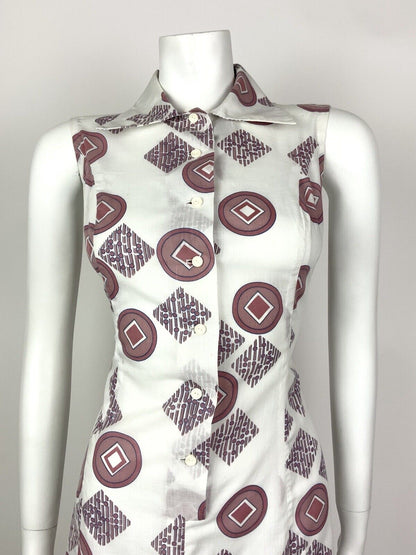 VTG 60s 70s MOD WHITE BROWN RED BLUE GEOMETRIC DAGGER SHIRT SUMMER DRESS 12 14