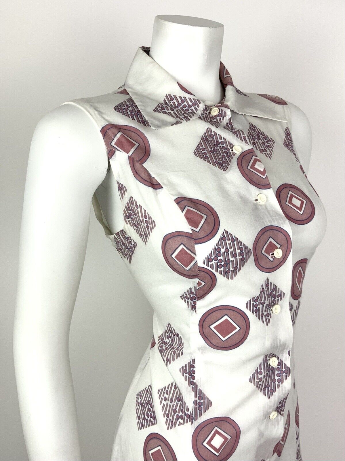 VTG 60s 70s MOD WHITE BROWN RED BLUE GEOMETRIC DAGGER SHIRT SUMMER DRESS 12 14