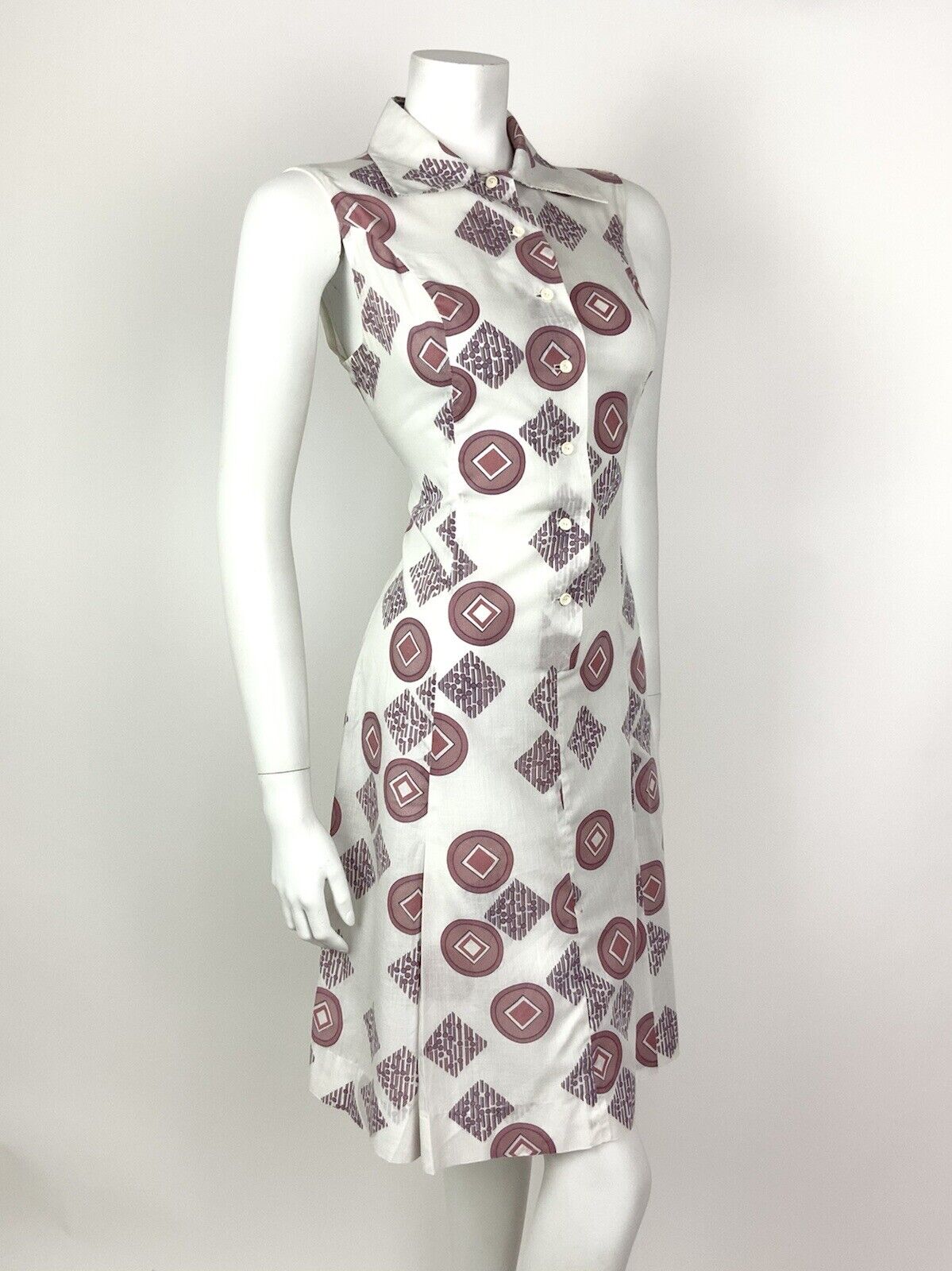 VTG 60s 70s MOD WHITE BROWN RED BLUE GEOMETRIC DAGGER SHIRT SUMMER DRESS 12 14