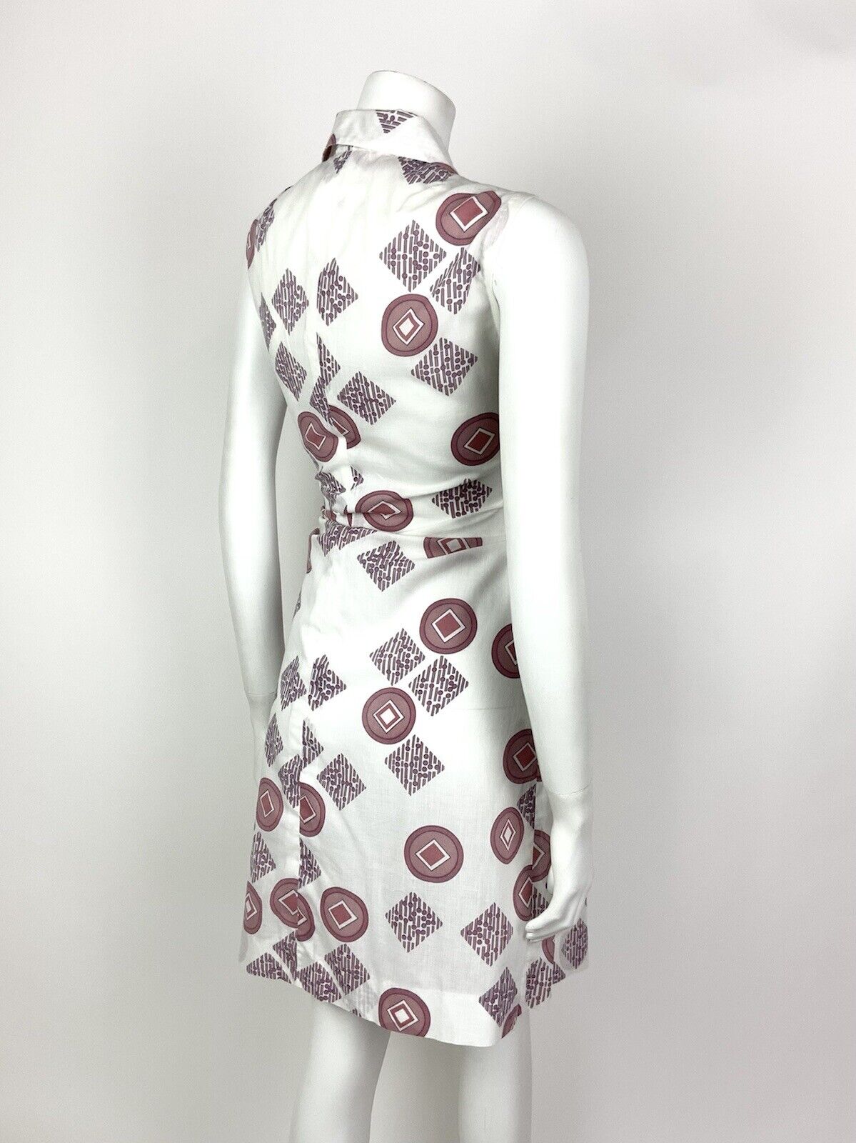 VTG 60s 70s MOD WHITE BROWN RED BLUE GEOMETRIC DAGGER SHIRT SUMMER DRESS 12 14