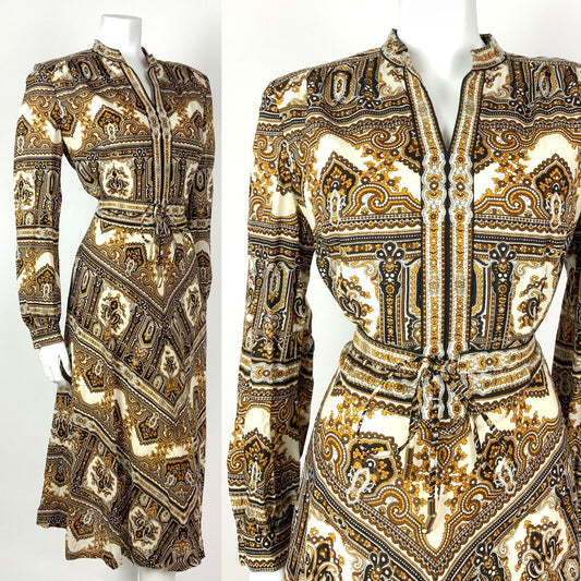 VTG 60s 70s WHITE BLACK BROWN YELLOW FLORAL BAROQUE PAISLEY BOHO DRESS 12 14