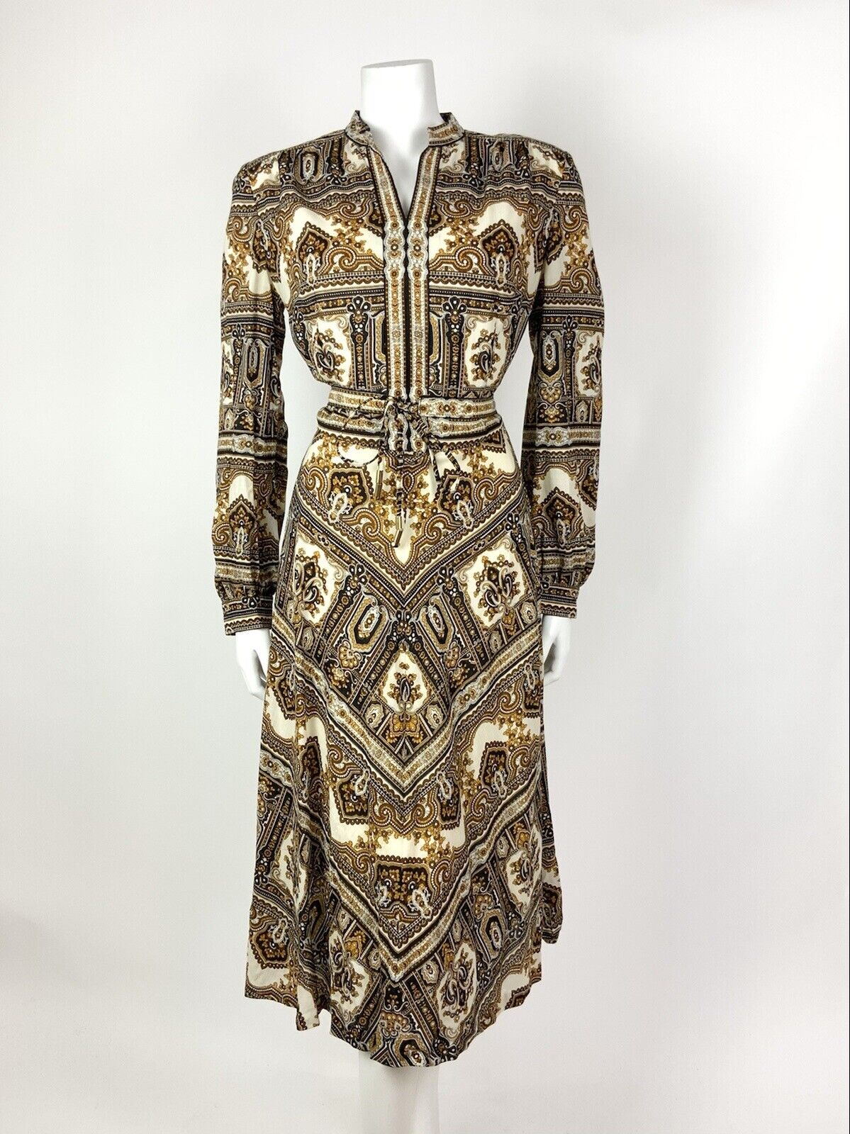 VTG 60s 70s WHITE BLACK BROWN YELLOW FLORAL BAROQUE PAISLEY BOHO DRESS 12 14