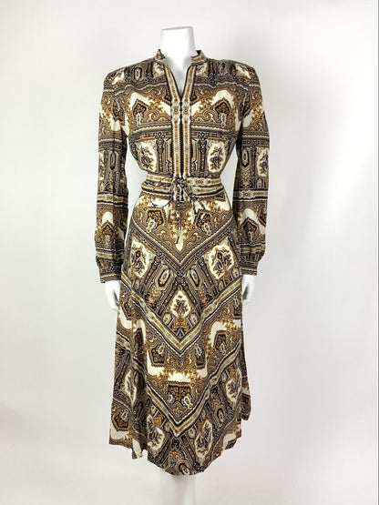 VTG 60s 70s WHITE BLACK BROWN YELLOW FLORAL BAROQUE PAISLEY BOHO DRESS 12 14