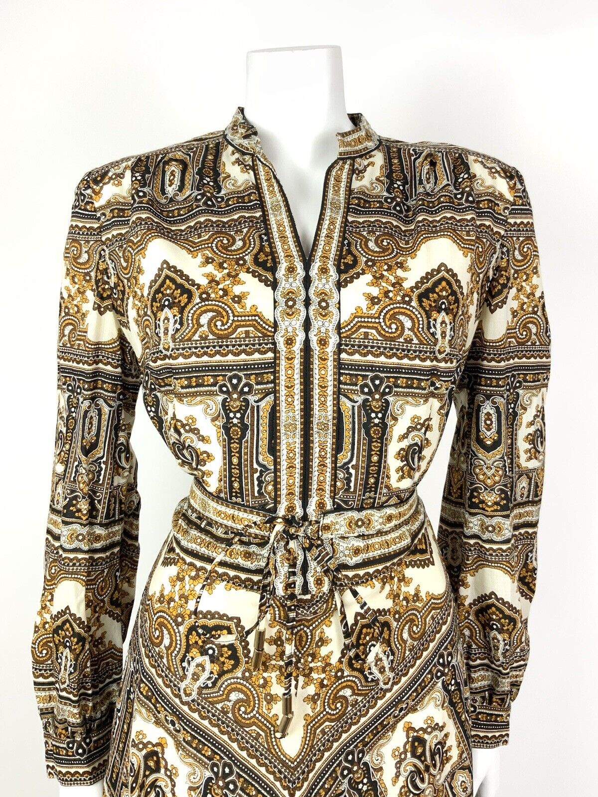 VTG 60s 70s WHITE BLACK BROWN YELLOW FLORAL BAROQUE PAISLEY BOHO DRESS 12 14