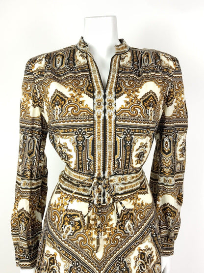 VTG 60s 70s WHITE BLACK BROWN YELLOW FLORAL BAROQUE PAISLEY BOHO DRESS 12 14