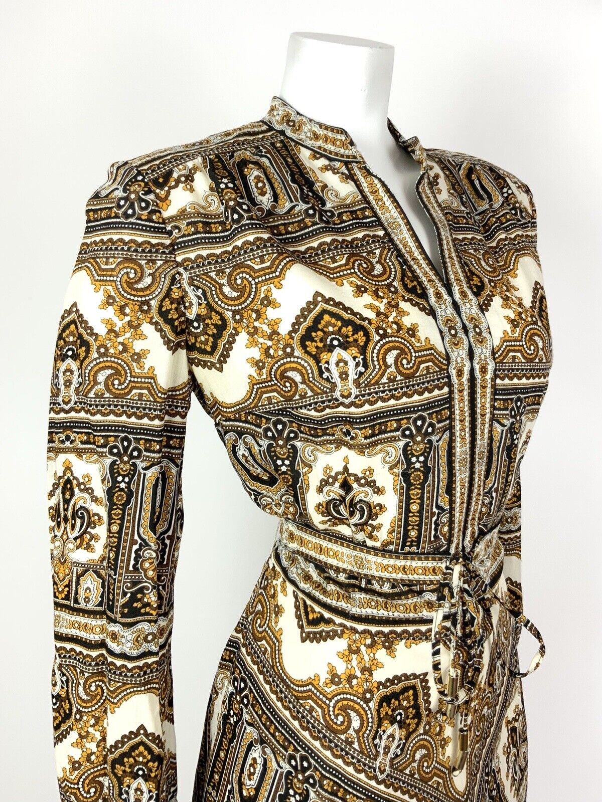 VTG 60s 70s WHITE BLACK BROWN YELLOW FLORAL BAROQUE PAISLEY BOHO DRESS 12 14