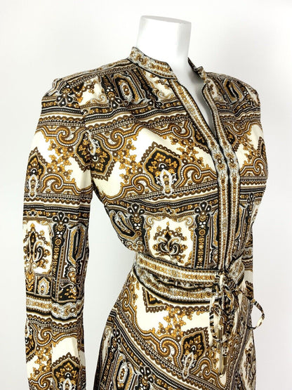 VTG 60s 70s WHITE BLACK BROWN YELLOW FLORAL BAROQUE PAISLEY BOHO DRESS 12 14