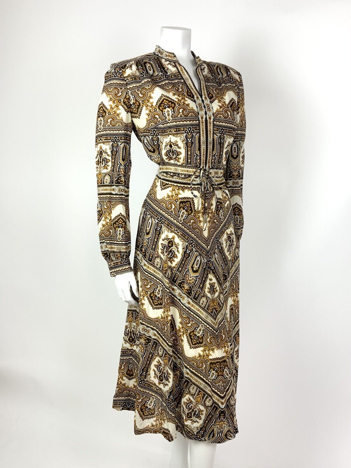 VTG 60s 70s WHITE BLACK BROWN YELLOW FLORAL BAROQUE PAISLEY BOHO DRESS 12 14