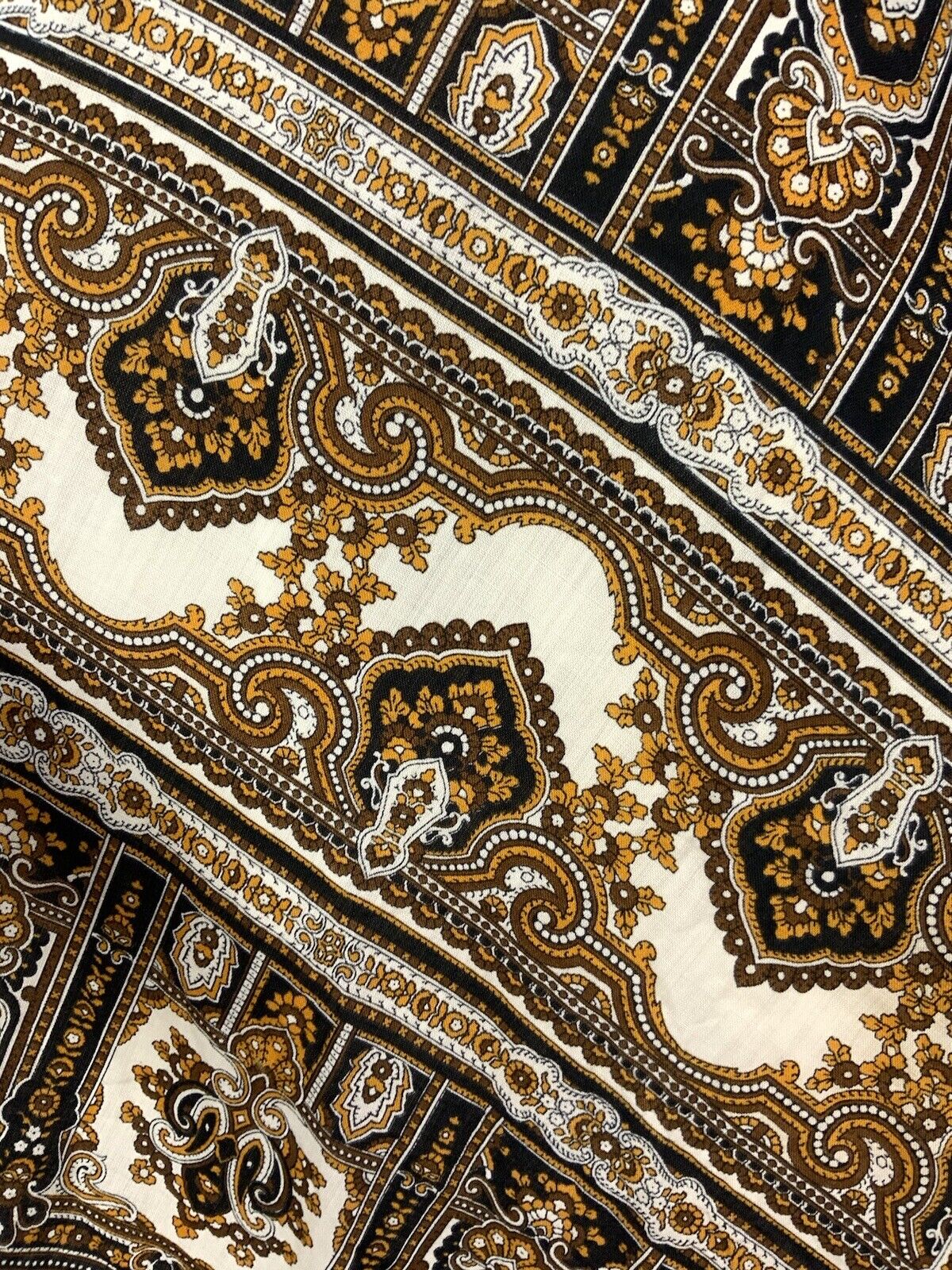 VTG 60s 70s WHITE BLACK BROWN YELLOW FLORAL BAROQUE PAISLEY BOHO DRESS 12 14