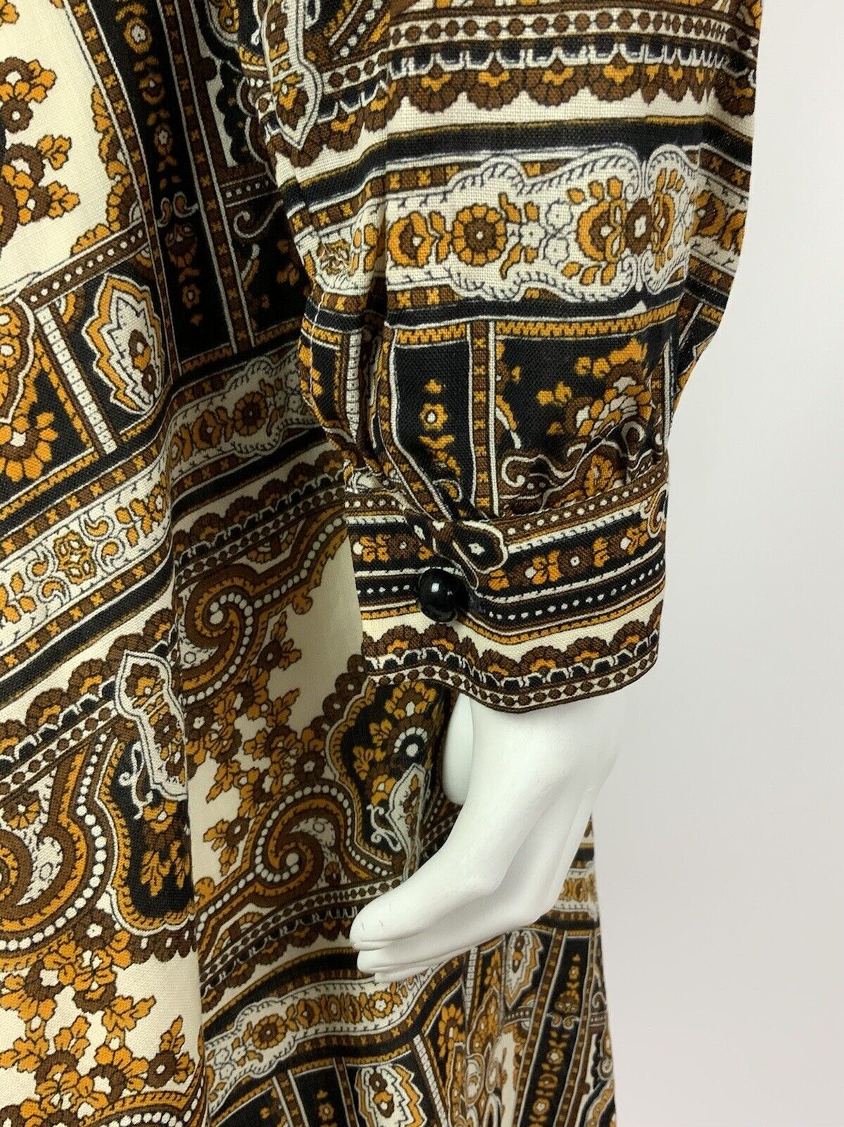 VTG 60s 70s WHITE BLACK BROWN YELLOW FLORAL BAROQUE PAISLEY BOHO DRESS 12 14
