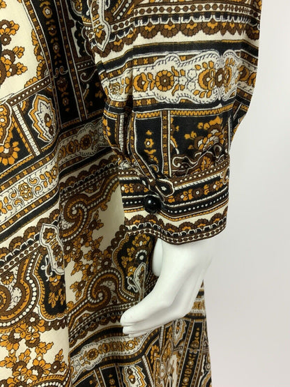 VTG 60s 70s WHITE BLACK BROWN YELLOW FLORAL BAROQUE PAISLEY BOHO DRESS 12 14