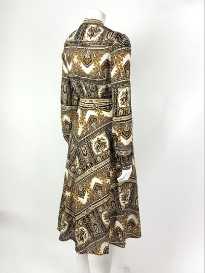 VTG 60s 70s WHITE BLACK BROWN YELLOW FLORAL BAROQUE PAISLEY BOHO DRESS 12 14