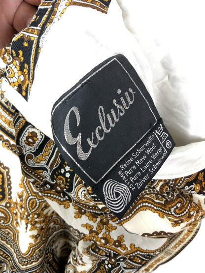 VTG 60s 70s WHITE BLACK BROWN YELLOW FLORAL BAROQUE PAISLEY BOHO DRESS 12 14