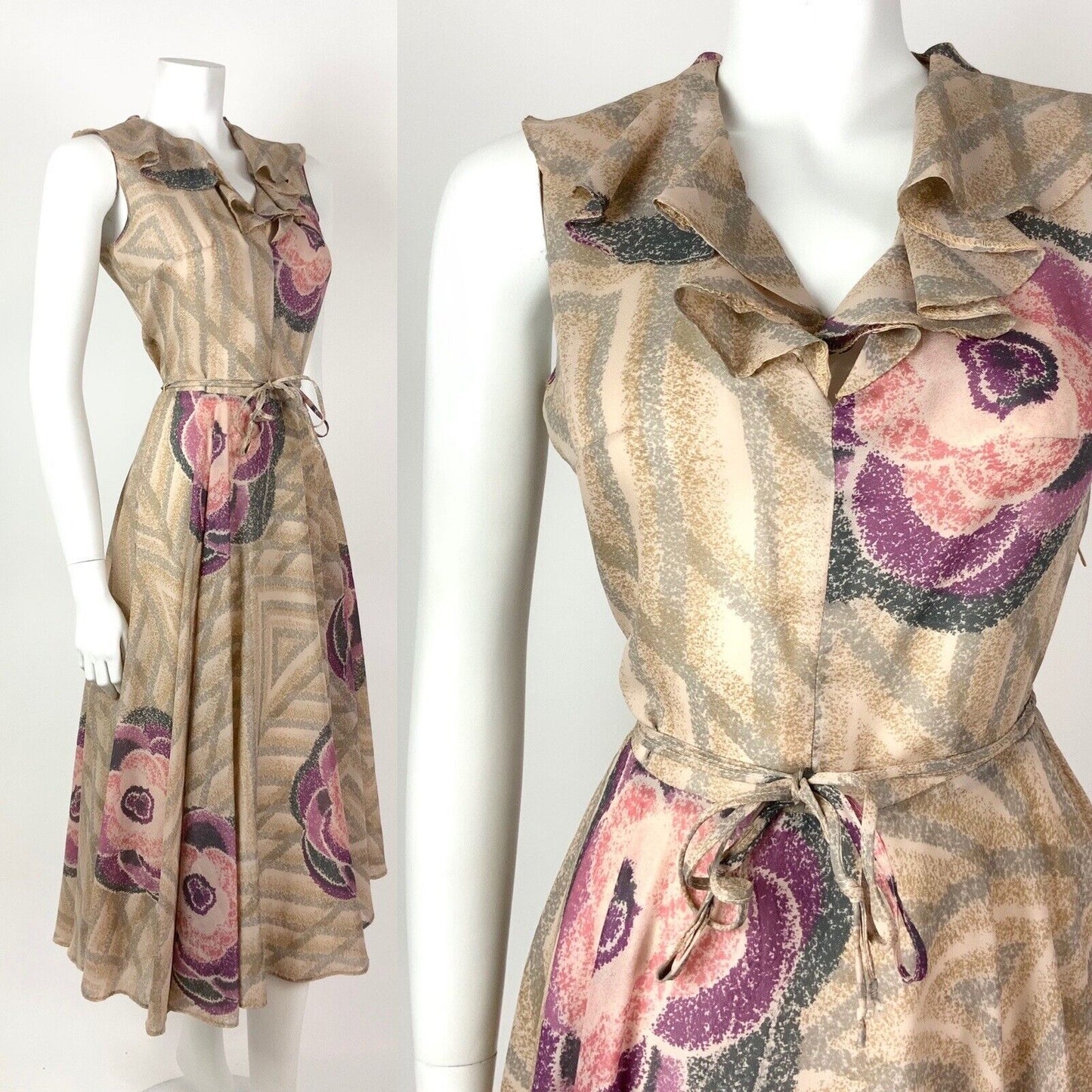 VINTAGE 60s 70s CREAM GREY PINK PURPLE WAVY FLORAL GEOMETRIC RUFFLED DRESS 8