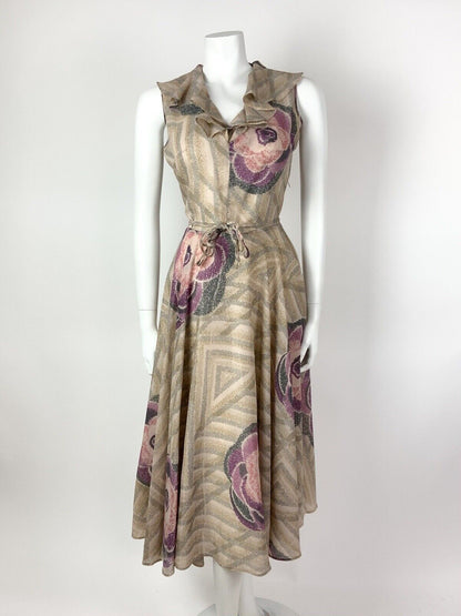 VINTAGE 60s 70s CREAM GREY PINK PURPLE WAVY FLORAL GEOMETRIC RUFFLED DRESS 8