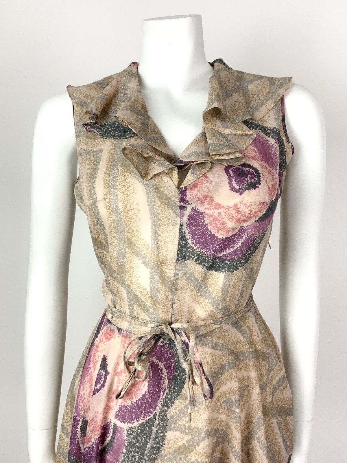 VINTAGE 60s 70s CREAM GREY PINK PURPLE WAVY FLORAL GEOMETRIC RUFFLED DRESS 8