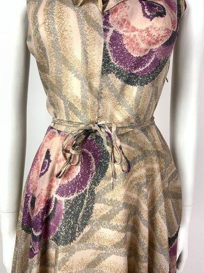 VINTAGE 60s 70s CREAM GREY PINK PURPLE WAVY FLORAL GEOMETRIC RUFFLED DRESS 8