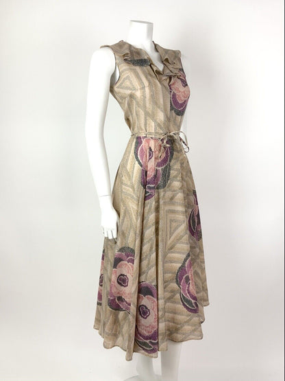 VINTAGE 60s 70s CREAM GREY PINK PURPLE WAVY FLORAL GEOMETRIC RUFFLED DRESS 8