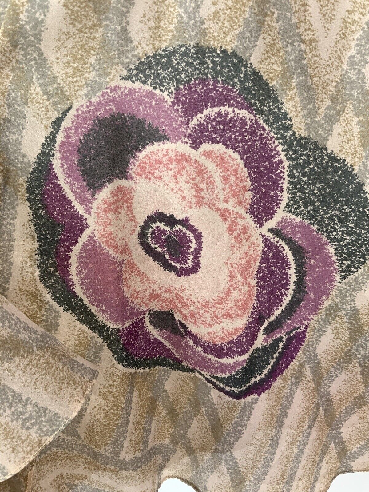 VINTAGE 60s 70s CREAM GREY PINK PURPLE WAVY FLORAL GEOMETRIC RUFFLED DRESS 8