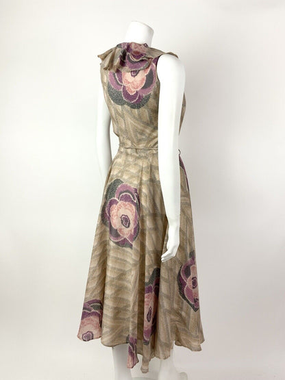 VINTAGE 60s 70s CREAM GREY PINK PURPLE WAVY FLORAL GEOMETRIC RUFFLED DRESS 8