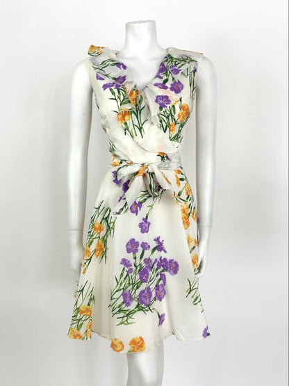 VINTAGE 60s 70s WHITE ORANGE PURPLE GREEN FLORAL FLOATY RUFFLE SHEER DRESS 10 12